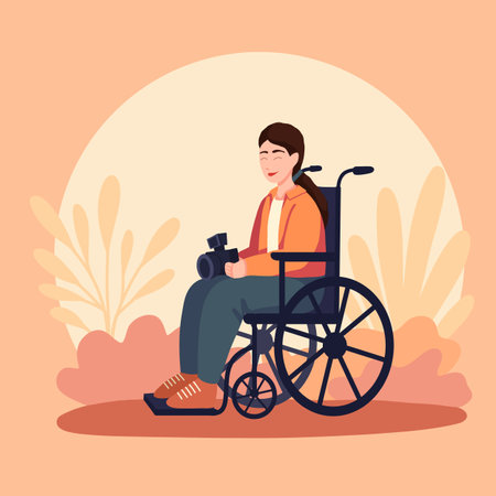 Vector flat illustration of a girl in a wheelchair with a camera in her hands in warm colors. Professions for everyone. Support for people with disabilities. Hobby as treatmentのイラスト素材