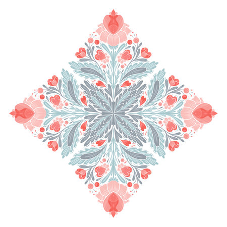 Vector gentle floral kaleidoscope illustration for Valentines day. Decorative folk art clip art with geometric symmetrical pink flowers, hearts and stems in pastel colors for cards and your creativityのイラスト素材