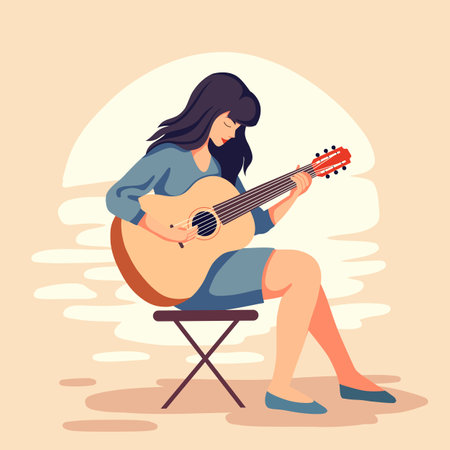 Vector flat illustration of a cute girl playing the guitar at sunset in warm colors. Hobbies and pleasant pastime. Work as a musician.のイラスト素材
