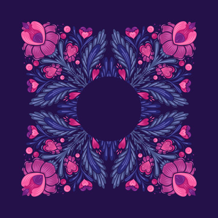 Vector festive floral frame on violet background. Decorative folk art card with geometric flowers, hearts and stems with foliage and copy space for Valentines day invitation and your creativityのイラスト素材