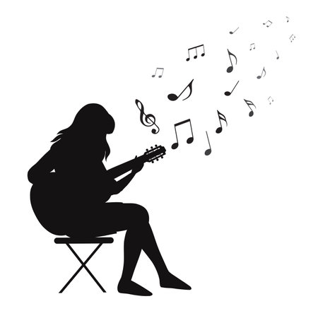 Vector black silhouette of a girl playing an acoustic guitar with musical notes on white background. Make music. Hobbies and entertainment. Work as a musicianのイラスト素材