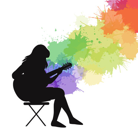 Vector clipart of silhouette of woman playing the guitar with rainbow watercolor splashes on white background. Making music. Music festival. Modern creative influencer. Hobbies and pleasant pastime.のイラスト素材