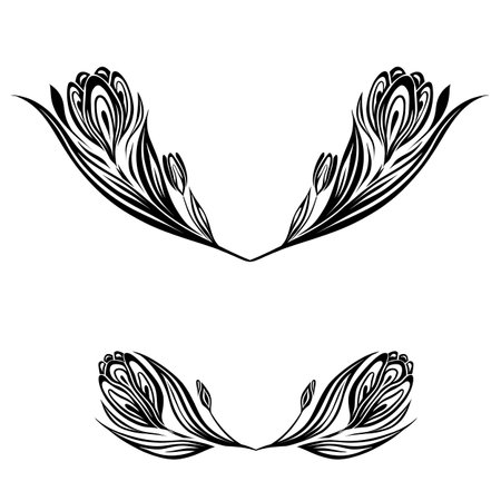 Vector monochrome set of spring flowers frames. Decorative tracery black silhouette border of crocuses isolated from background. Floral template for invitation, cards.のイラスト素材