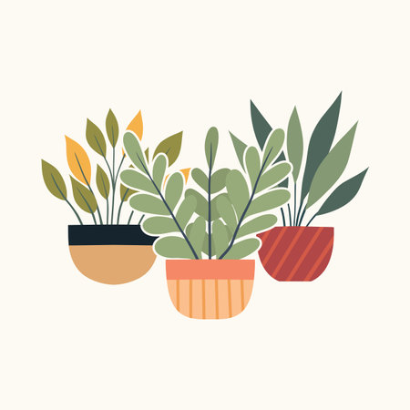 Vector illustration of greenery in clay pots in flat style. Composition of house plants in various vases for cards and articles. Home hobby.のイラスト素材