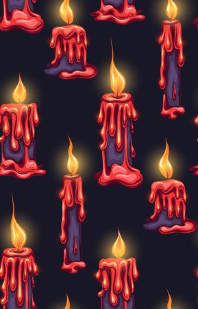 Vector seamless mystic pattern with red wax candles. Ritual texture with burning candles on a dark background for wallpaper, fabrics. Surface design on the theme of religion and faithのイラスト素材