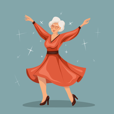 Joyful old lady dancing in a dress. Active aging. Vector flat illustration of happy beautiful senior woman in red dress on blue background with stars.のイラスト素材
