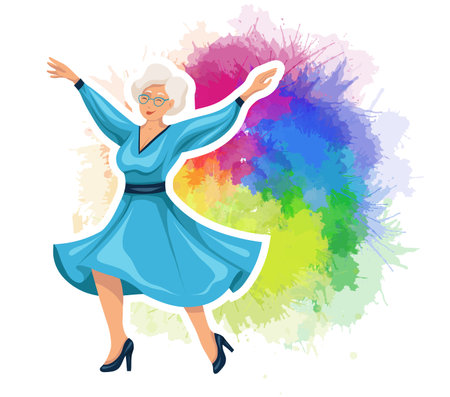 Joyful old lady dancing in a dress on rainbow watercolor splashes. Active aging. Vector flat illustration of happy beautiful senior woman in blue dress on watercolor backgrpundのイラスト素材