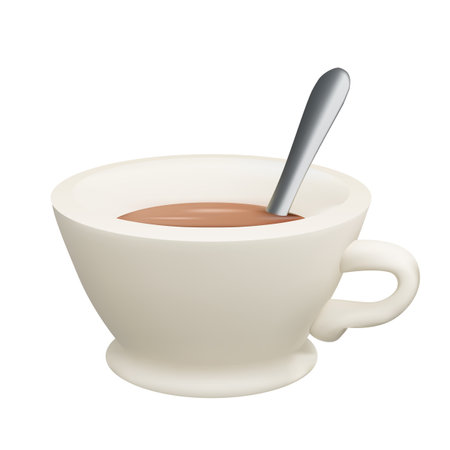 Vector realistic 3D illustration of a white porcelain cup with tea and metal spoon isolated from the background. Volumetric clip art of crockery. Homemade mug with coffee.のイラスト素材