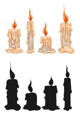 Vector set of cartoon and black silhouette wax candles with lights. Monochrome and colorful collection cliparts of paraffin candles isolated from white background. Game icons setのイラスト素材
