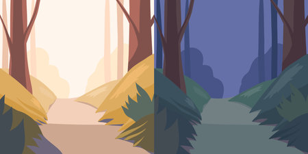 Vector set of park landscapes at night and day. Road in the forest. Cartoon naive landscapeのイラスト素材