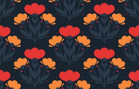 Vector decorative folk art seamless pattern. Simple floral ornament. Geometric surface design with silhouettes of flowers and leaves on dark background for fabrics and wallpapers.のイラスト素材