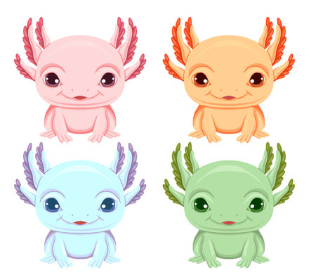 Vector set of cute colorful axolotls in front view clipart in cartoon style isolated from background. Pretty lizard. Collection of illustrations of lovely amphibians in various colors for stickersのイラスト素材