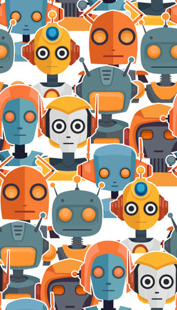 Vector childish pattern with crowd of cartoon robots. Dense flat texture with various cyborg toys....