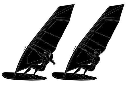 Vector set of monochrome illustration windsurfing. Collection with black silhouettes of women surfers isolated from background. Active summer lifestyle. Vacation activitiesのイラスト素材