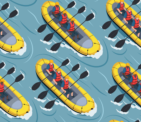 Vector seamless pattern with people doing rafting on river top view. Texture with active sport leisure in flat style. Extreme water sport hobby with friends. Background for wallpaperのイラスト素材