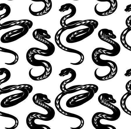 Vector seamless pattern with black silhouettes of snakes with a plant ornaments on a white background. Monochrome texture with serpents for fabricsのイラスト素材