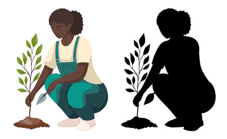 Vector set of African women planting a tree isolated from background. Collection of illustrations in flat style and black silhouette.のイラスト素材