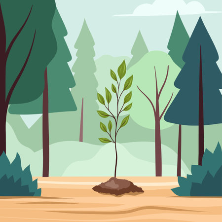Vector illustration young tree in forest in flat style. Planting trees. Greening the planet.のイラスト素材