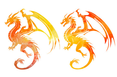 Vector set of yelloe watercolor dragon silhouette clip arts. Collection of orange silhouette dragons with wings isolated from background.のイラスト素材