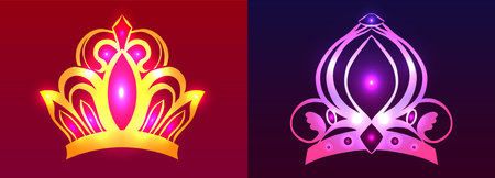 Vector set of neon cards with royal crowns and sparkles on purple and red background. Collection of postcards with princess tiaras with light flashes.のイラスト素材