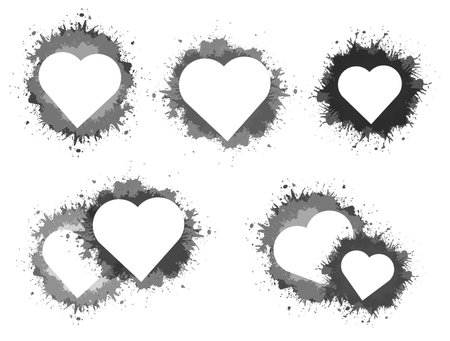 Vector set of monochrome heart silhouette clip art with watercolor splashes isolated from background. Holiday grunge hearts collection for iconsのイラスト素材