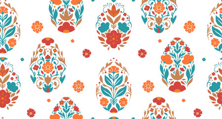 Vector  pattern with Easter eggs in folk art style on white background with flowers. Decorative...