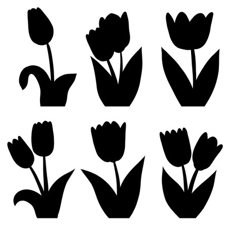 Vector spring set of black silhouette tulips isolated from background. Collection of shadow of blooming flowers clip arts for stickers and invitations.のイラスト素材