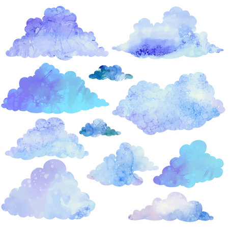 Vector set of blue watercolor clouds isolated from background. Paint cumulus clouds clip arts collection. Weather air symbols. Fluffy clouds for games and bannersのイラスト素材