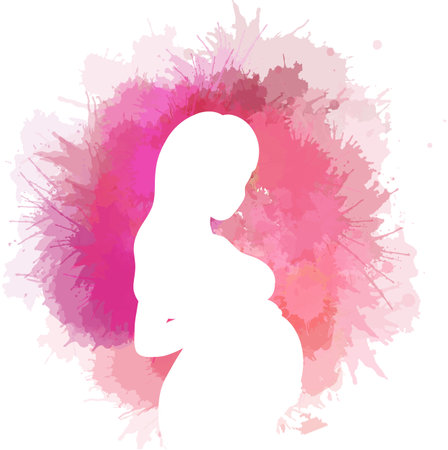 Vector white silhouette of pregnant woman on pink watercolor splashes. Expectation of a child. Postcard with a healthy pregnant woman on paint stains. Love and motherhoodのイラスト素材