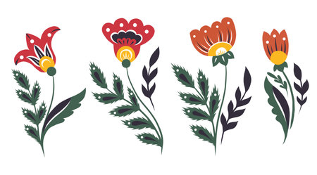 Vector set of decorative floral clip arts. Collection of slavic flowers in folk art style isolated from background. Blooming wildflowers in traditional styleのイラスト素材