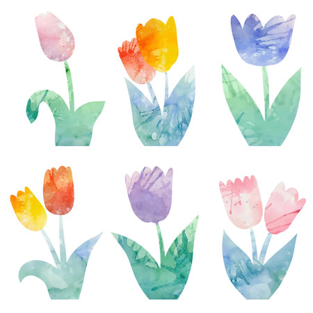 Vector spring set of colorful watercolor tulips silhouettes isolated from background. Collection of paint blooming flowers for stickers and invitations.のイラスト素材