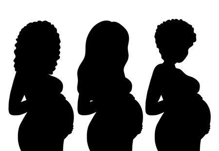 Vector set of silhouettes of African pregnant women isolated from background. Clip arts collection of healthy Black pregnant women shadowのイラスト素材