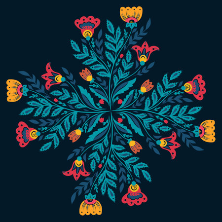 Vector decorative illustration of floral mandala. Bouquet of flowers in folk art style on dark...