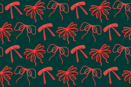 Seamless vector pattern with red ribbons in flat style on green background. Surface design with bows...