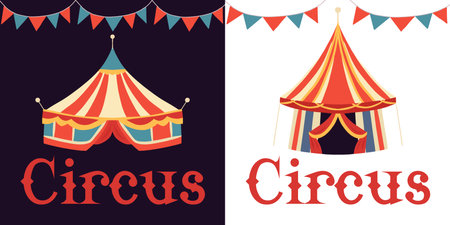 Vector set of card with classic retro circus tent with stylized Circus lettering. Collection for posters, flyers, party invitations.のイラスト素材