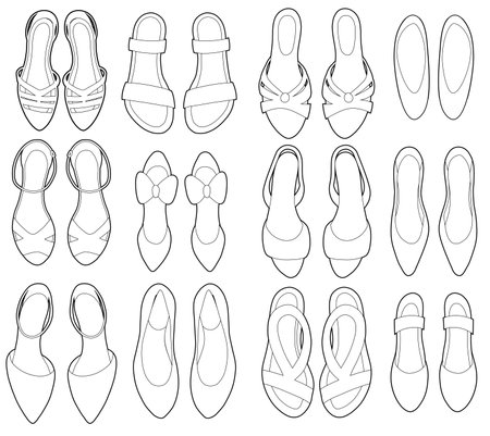 Vector set of contour various women summer shoes. Monochrome outline illustration of sandals and flats in modern minimal style. Great for fashion design, cards, digital use, stickers.のイラスト素材