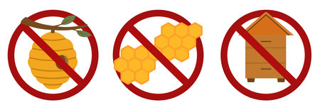 Vector set of prohibition signs with a beehive, apiary and honeycombs. Beekeeping is prohibited....