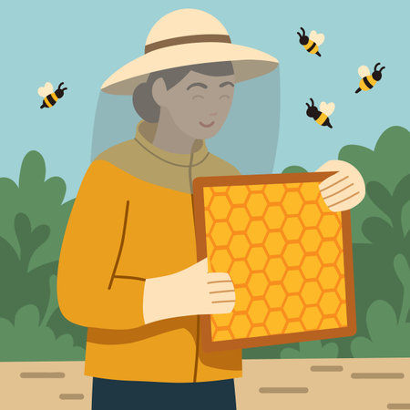 Vector trendy illustration of a woman beekeeper with a frame with honeycombs and bees. Useful hobby....