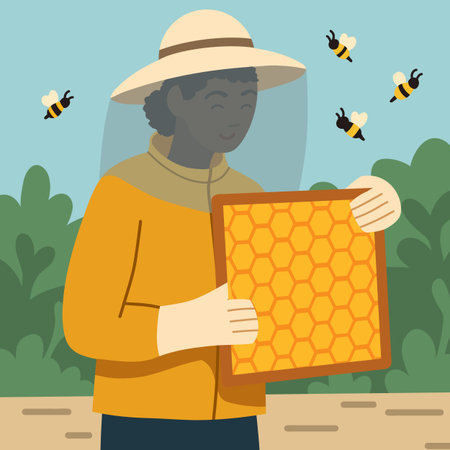 Vector trendy illustration of African woman beekeeper with a frame with honeycombs and bees. Useful hobby. Professional African-American female apiarist in uniform.のイラスト素材