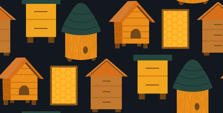 Vector beekeeping  pattern. Texture with houses for bees, apiaries, beehive, honeycombs in frames