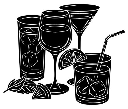 Black outline drawing of glasses with alcohol and juice. Contour monochrome illustration of glassesのイラスト素材
