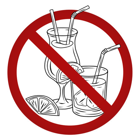 Be sober. Vector prohibition sign with cocktails isolated from background. Alcohol is forbidden. Dangerous addiction.のイラスト素材