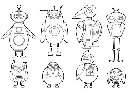 Vector set of contour cute cartoon robot birds. Collection of outline bird clip art automatons. Future pets. Images for stickers, games and iconsのイラスト素材