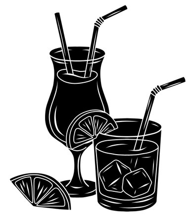 Vector illustration of two cocktails with lemon slices and ice cubes in black silhouette style. Ideal for menu design, bar decor, or summer event posters. Minimal and elegant graphic style.のイラスト素材