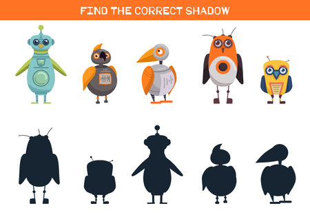 Vector educational game for kids. Match robot birds with their correct shadows. Educational template. Fun activity for children. Education printable sheetのイラスト素材