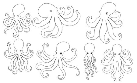 Vector set of contour octopus silhouettes isolated from background. Collection of outline monster with tentacles clip arts for icons, stickers and design projectsのイラスト素材