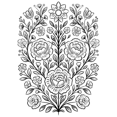 Vector monochrome outline illustration of a decorative floral arrangement. Contour foliage card featuring peonies and daisiesのイラスト素材