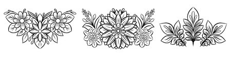 Vector set of monochrome outline frames of decorative floral arrangement. Collection of contour foliage dividers from flowers,のイラスト素材
