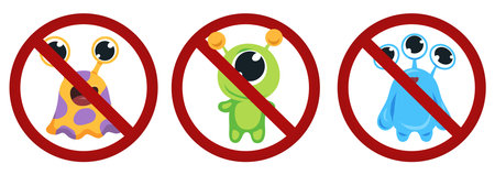 Set of prohibition signs with aliens. Collection of forbidden badges. No aliens allowed. Martians...