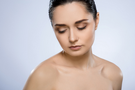 Beautiful girl with nude make up at studioの写真素材